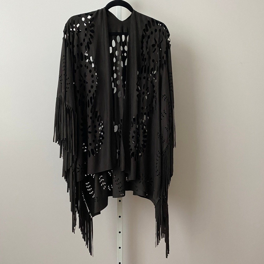 Whimsigoth Faux Suede Boho Western Witchy Laser Cut Fringe Shawl Kimono OS Black